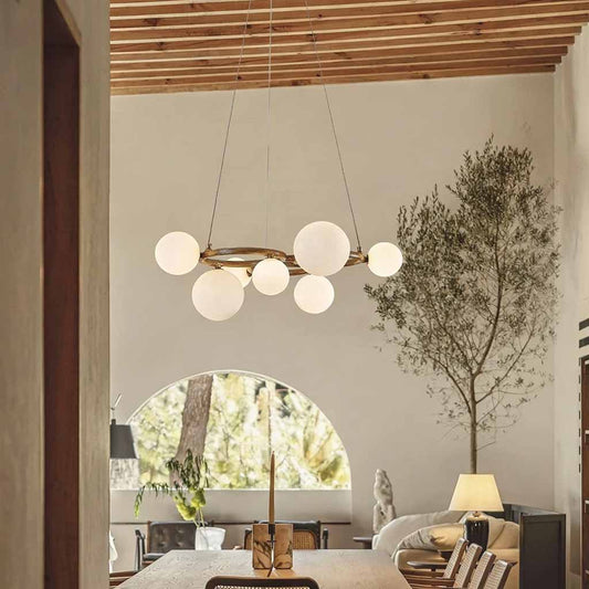 Wood Ring Milk Glass Globe Chandelier