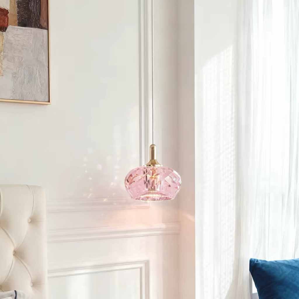 Luxe petit cristal rond LED suspension chambre rose