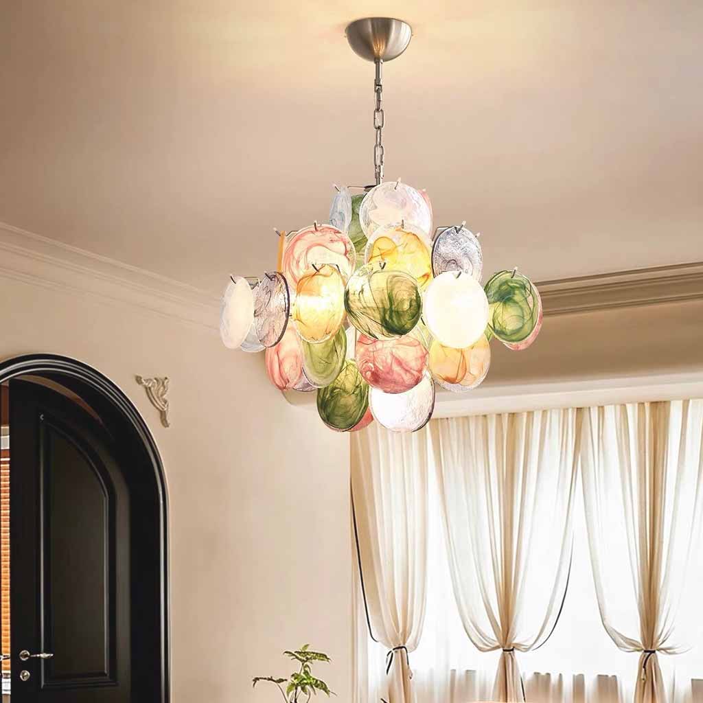 Tiered Multi-Colored Murano Glass Disc Chandelier Living Room