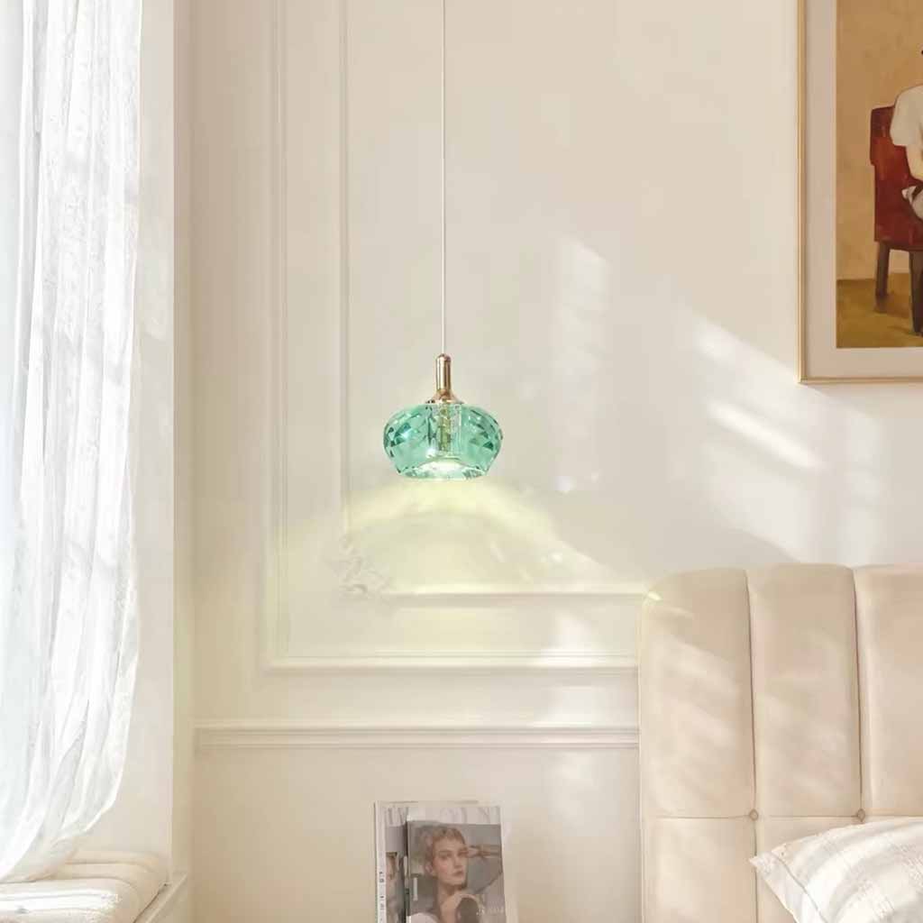 Petite lampe suspendue LED ronde en cristal de luxe, verte, pour chambre à coucher