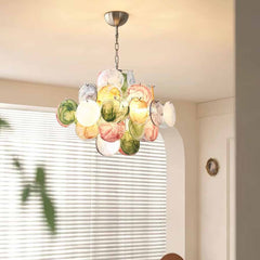 Tiered Multi-Colored Murano Glass Disc Chandelier Dining Room
