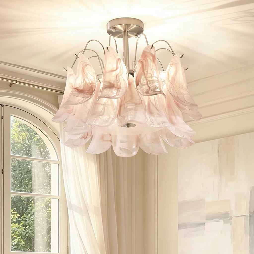 3-stufiger Blütenblatt-Kronleuchter aus Muranoglas in Rosa für das Wohnzimmer
