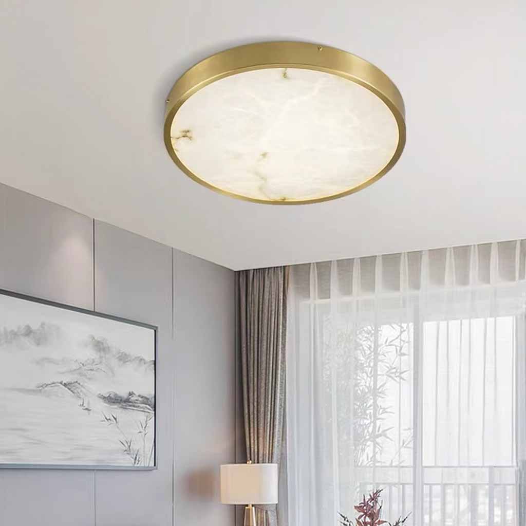 Round Brass Alabaster Flush Mount Ceiling Light for Room