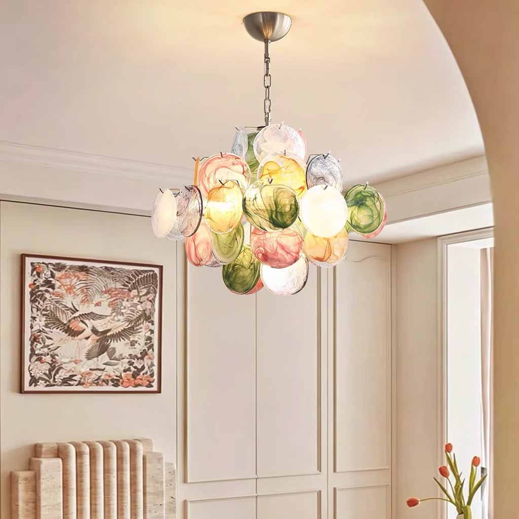 Tiered Multi-Colored Murano Glass Disc Chandelier Balcony