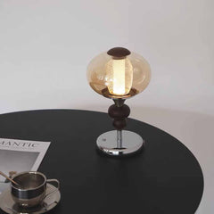 Lampe de table ancien en verre ambré, globe et bois de noyer