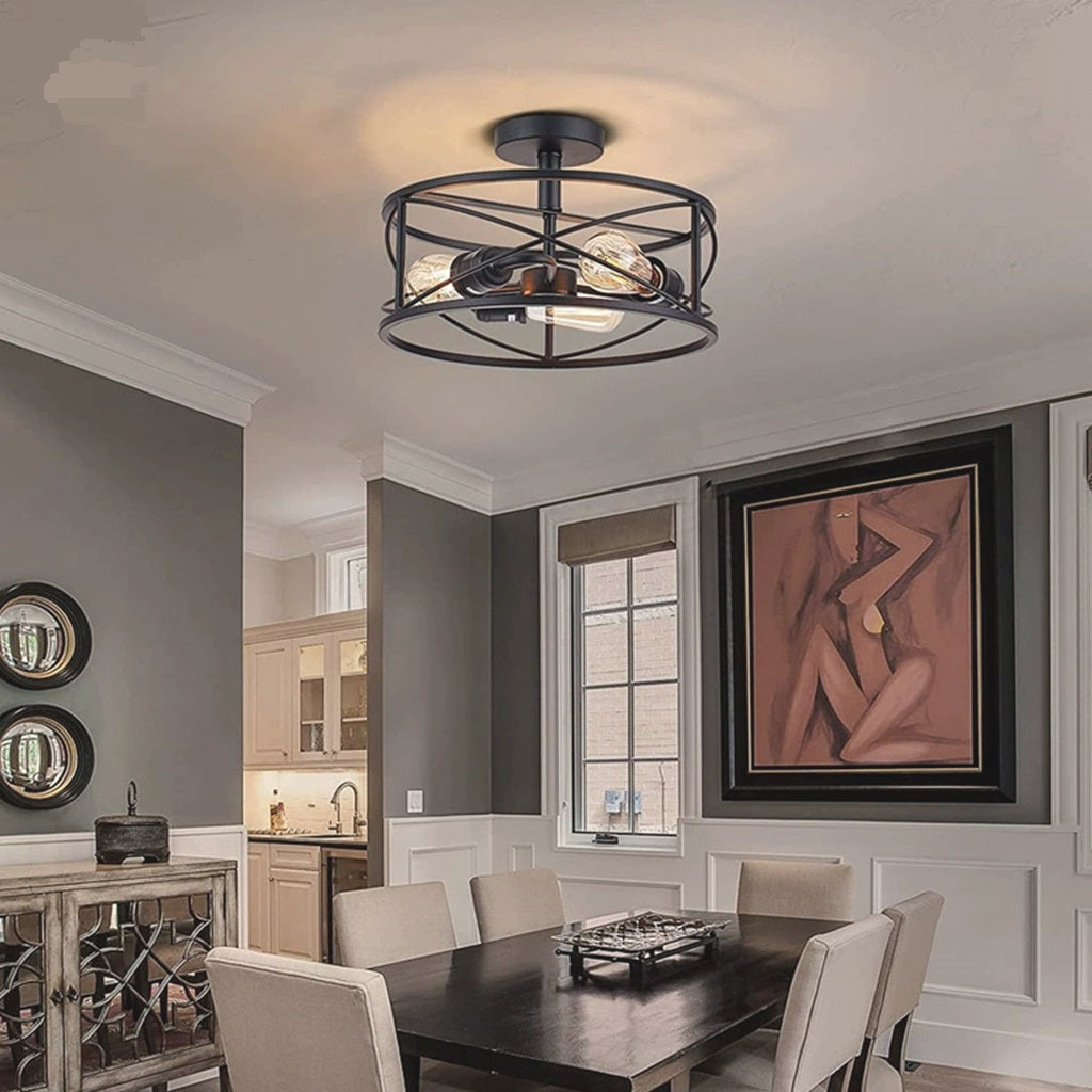 Ceiling Light Farmhouse Industrial Caged Iron Circular Round Black Dining Room