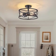 Ceiling Light Farmhouse Industrial Caged Iron Circular Round Black Hallway