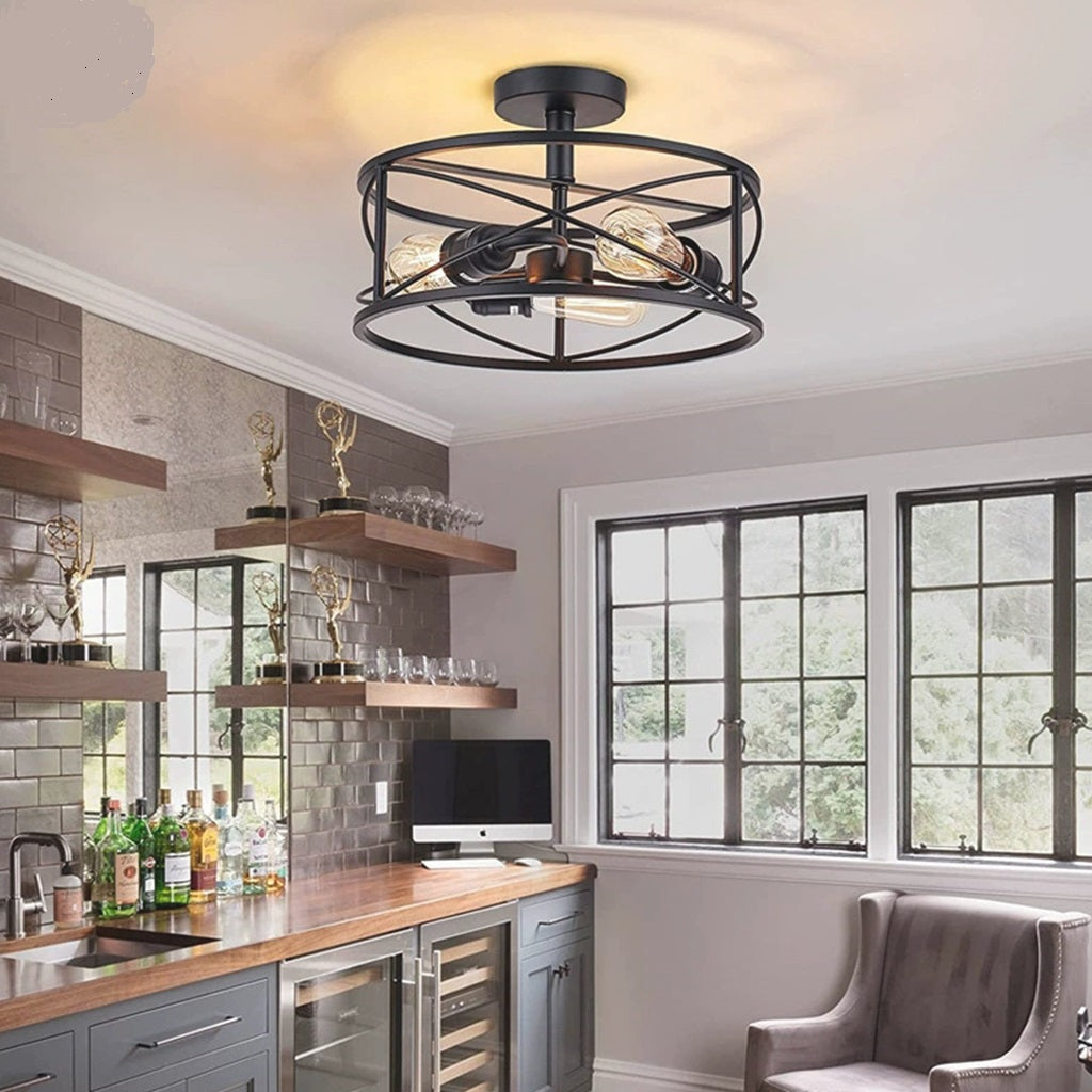 Ceiling Light Farmhouse Industrial Caged Iron Circular Round Black Kitchen Island