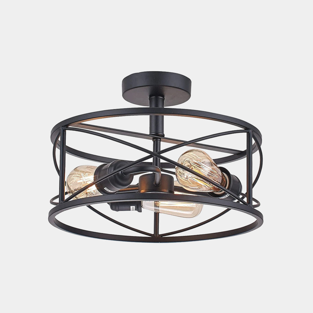 Ceiling Light Farmhouse Industrial Caged Iron Circular Round Black