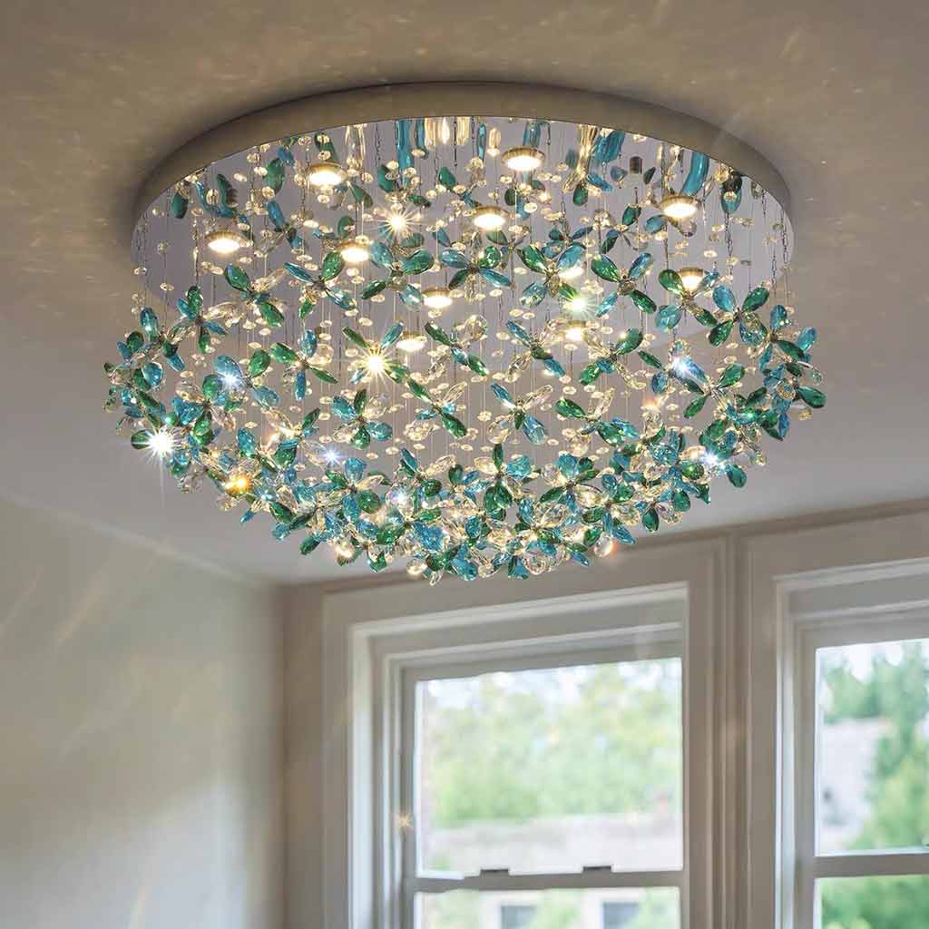 Pendant Ceiling Light Floral Green & Blue Crystal LED
