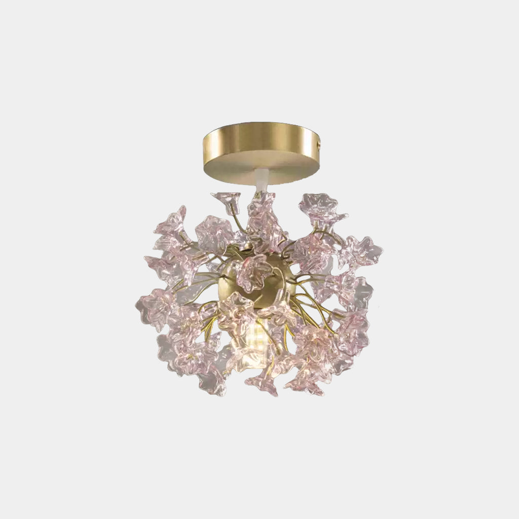 Ceiling Light French Floral Brass Crystal Pink