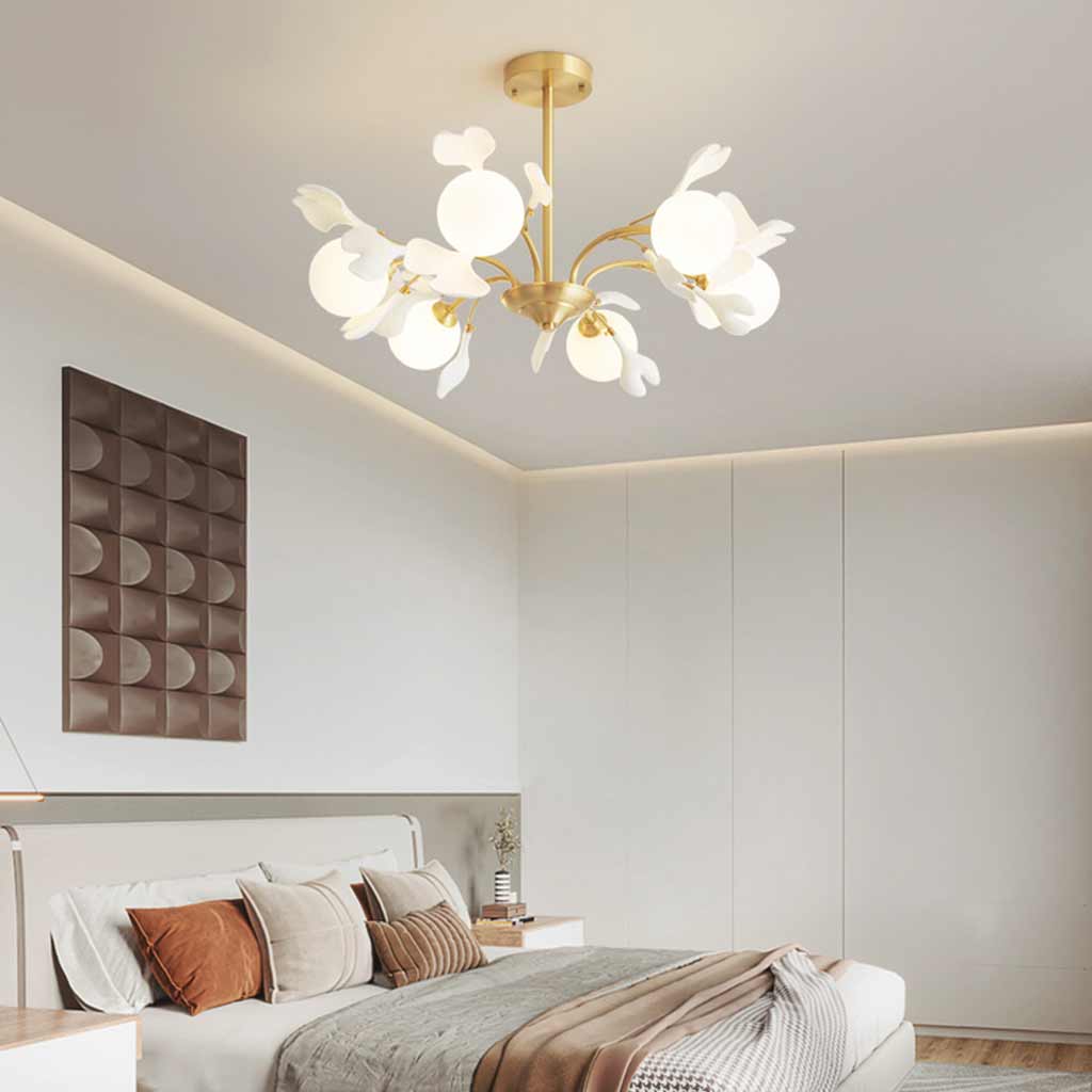 Chandelier Brass Glass Ball Ceramic Ginkgo Leaves Bedroom