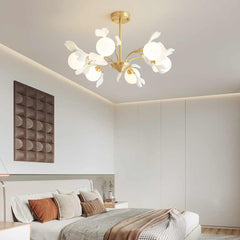 Chandelier Brass Glass Ball Ceramic Ginkgo Leaves Bedroom