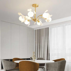 Chandelier Brass Glass Ball Ceramic Ginkgo Leaves Dining Room
