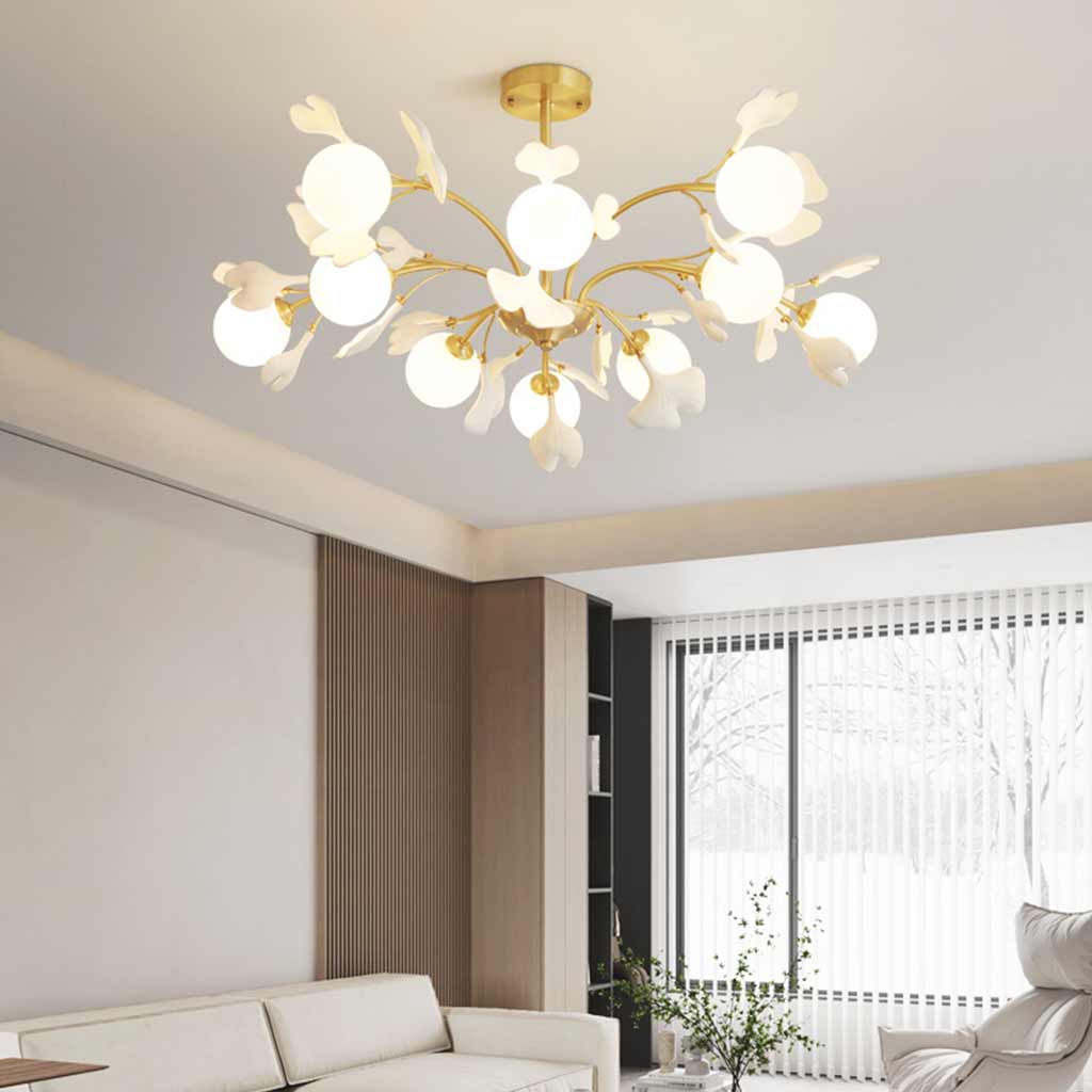 Chandelier Brass Glass Ball Ceramic Ginkgo Leaves Room