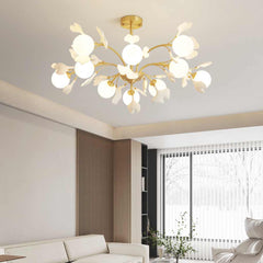 Chandelier Brass Glass Ball Ceramic Ginkgo Leaves Room