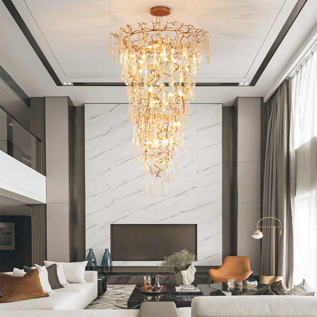 Chandelier Ceiling Branch Brass and Crystal Living Room