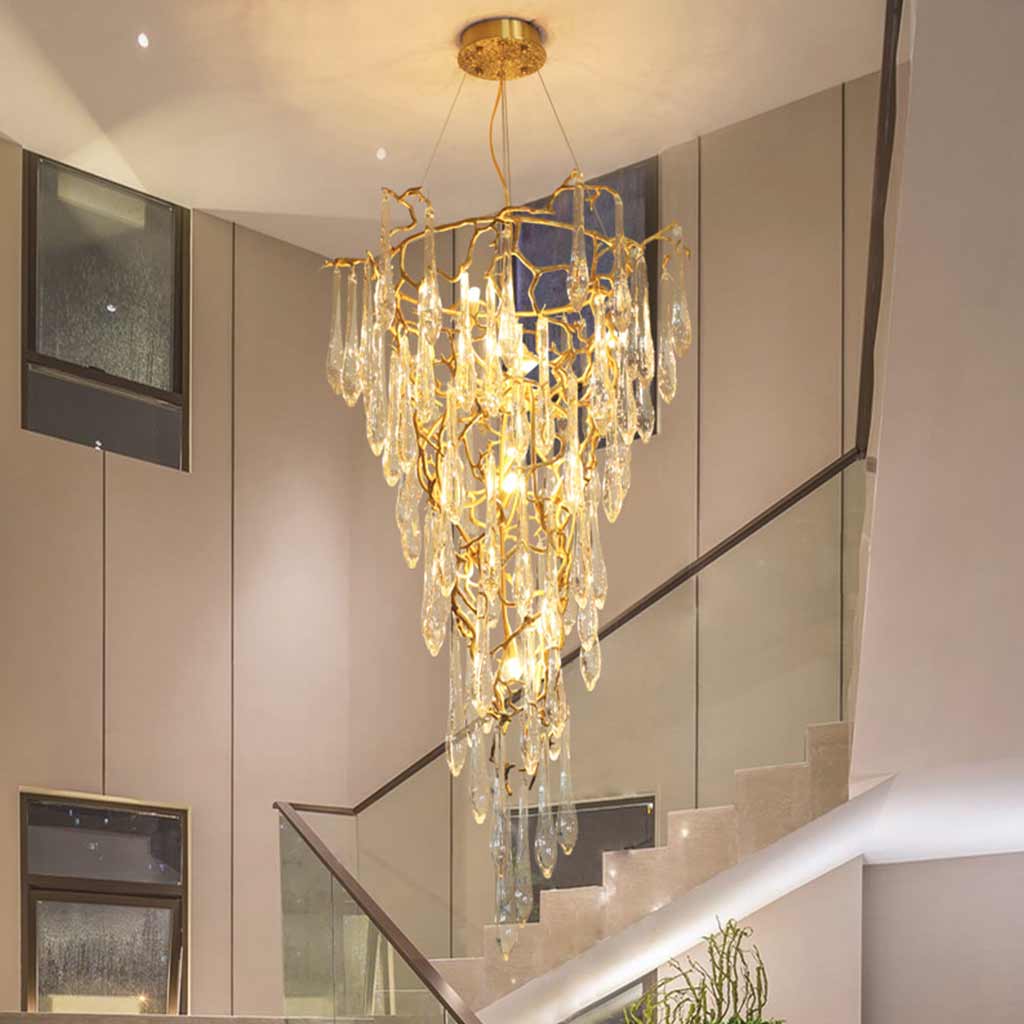 Chandelier Ceiling Branch Brass and Crystal Stairs