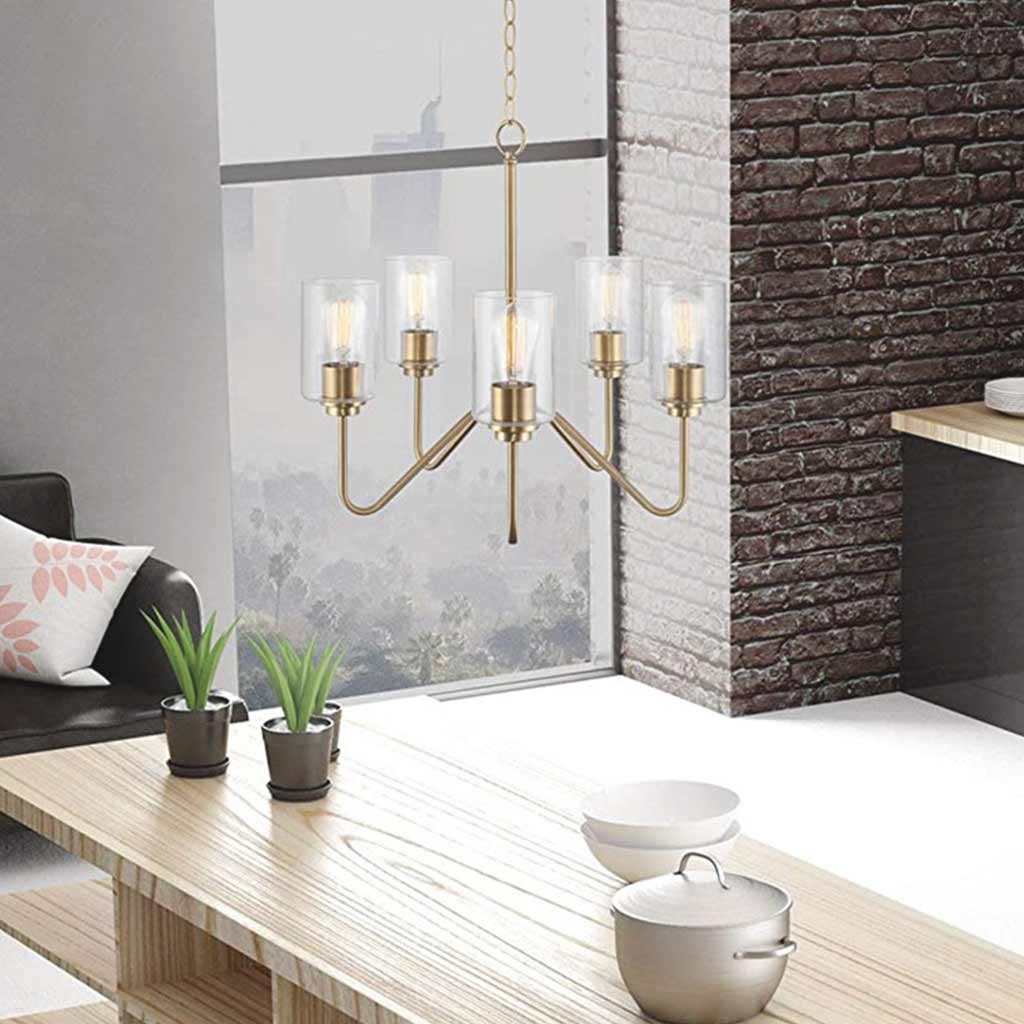 Chandelier Contemporary Iron 5-Light Clear Glass Gold Living Room
