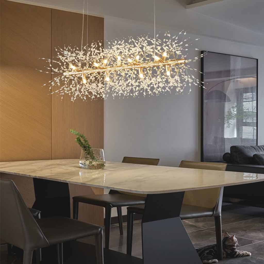 Chandelier Dandelion Crystal Rectangle Gold Dining Table