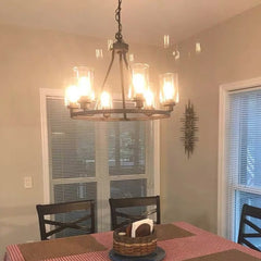 Chandelier Farmhouse Industrial Iron 6 Light Glass Cup Black Dining Table