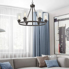 Chandelier Farmhouse Industrial Iron 6 Light Glass Cup Black Room