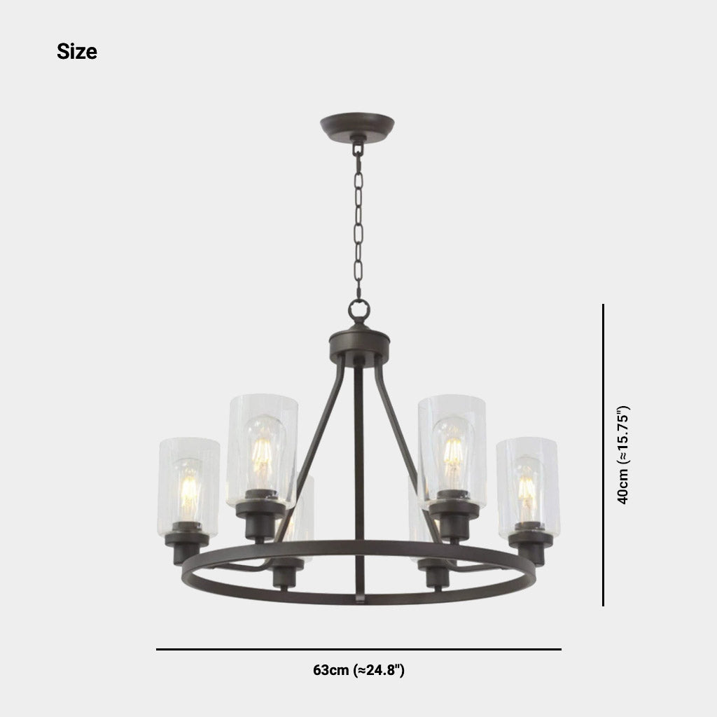 Chandelier Farmhouse Industrial Iron 6 Light Glass Cup Black Size