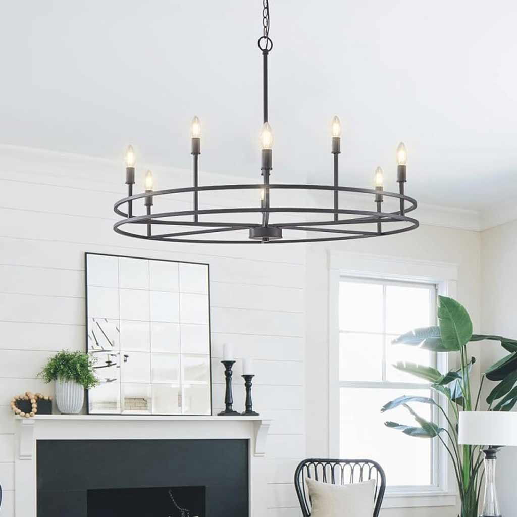 Chandelier Farmhouse Industrial Large Iron Ring Candle Black Foyer