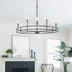 Chandelier Farmhouse Industrial Large Iron Ring Candle Black Foyer