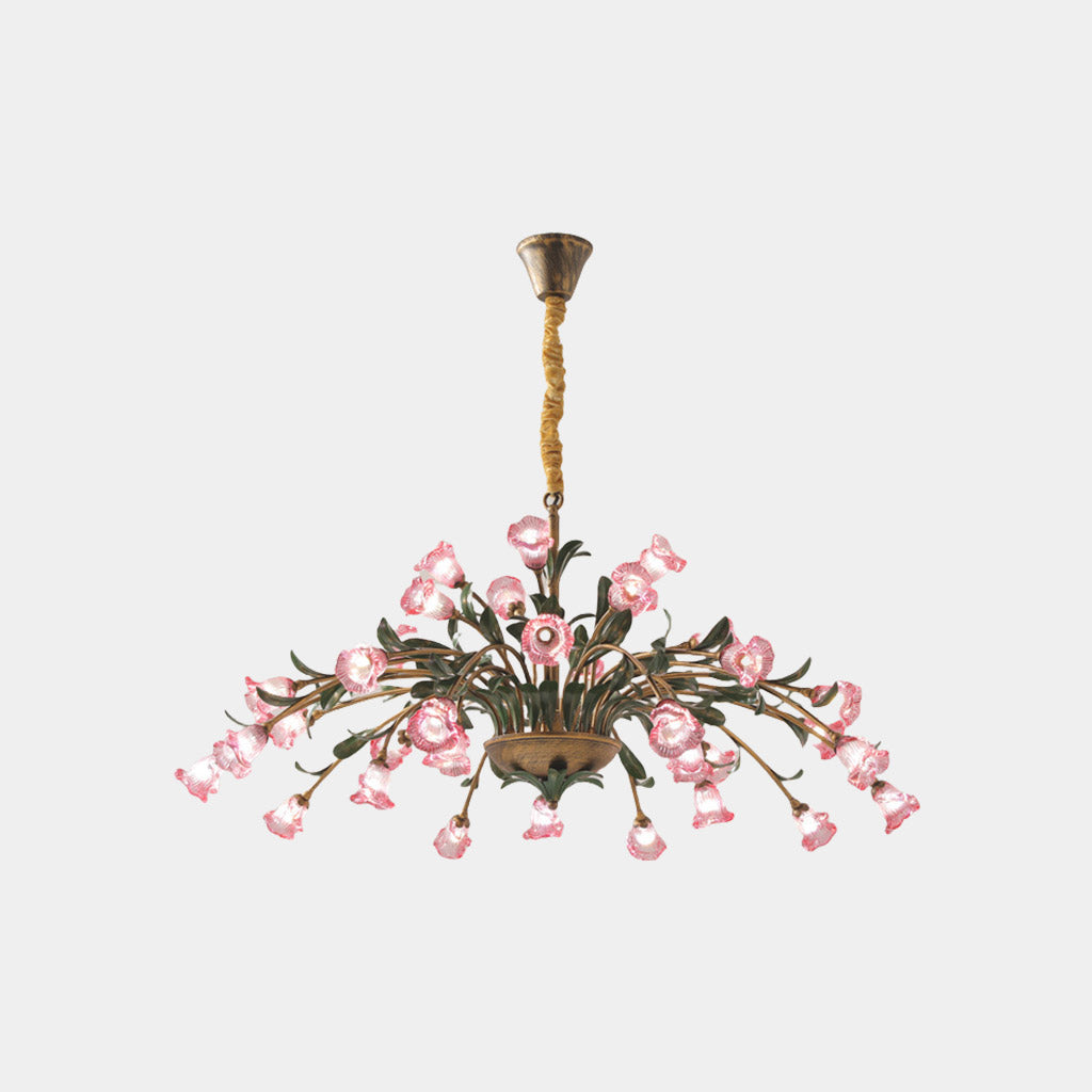 Chandelier French Branch Glass Flower with Leaves Pink