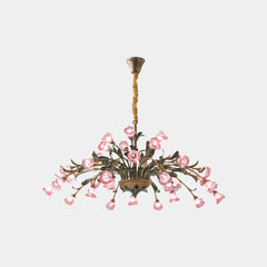 Chandelier French Branch Glass Flower with Leaves Pink