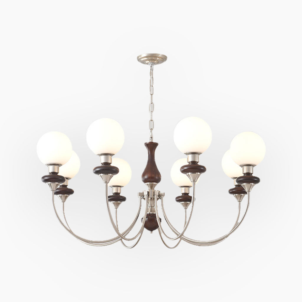 Chandelier French Wood Glass Ball 6 Heads Chrome