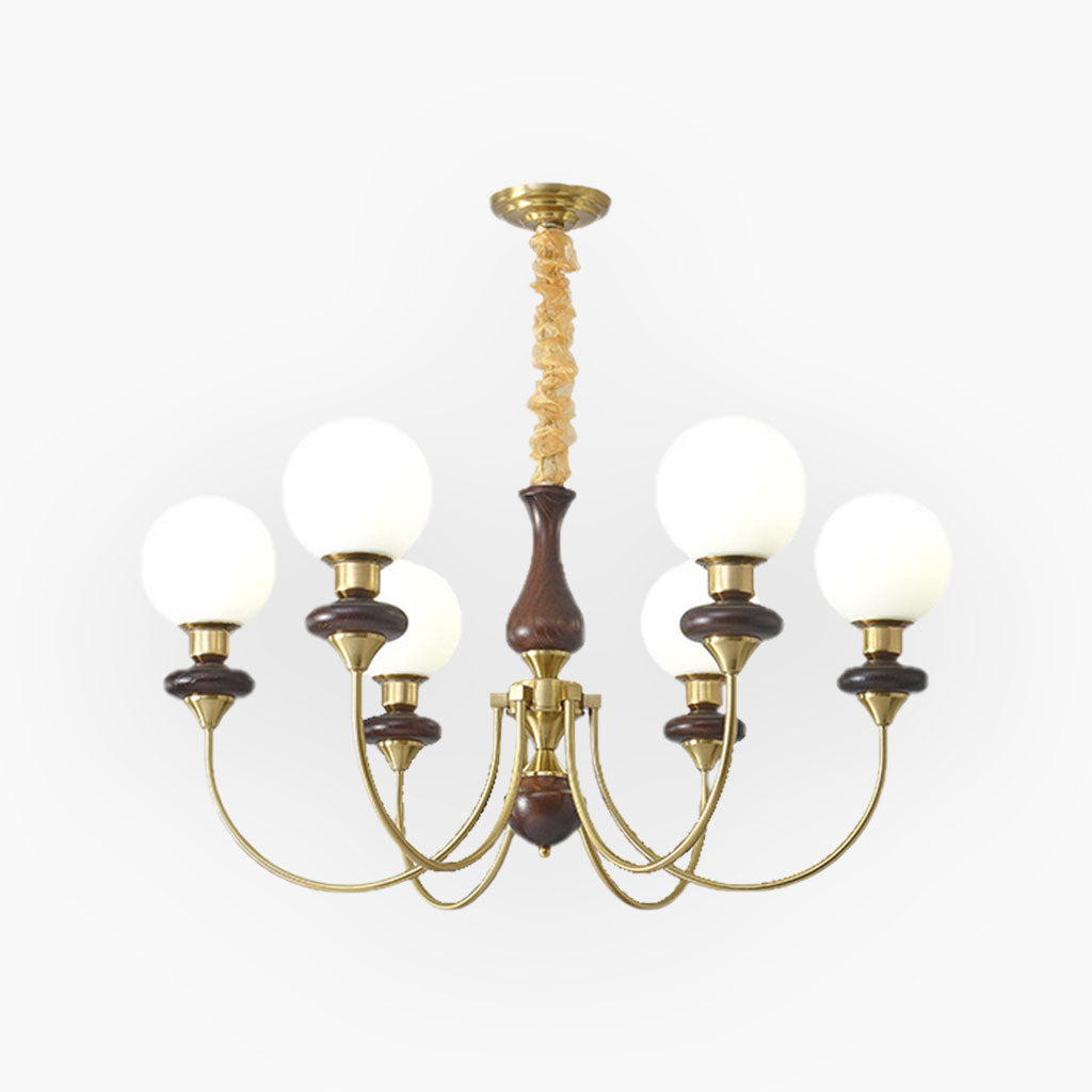 Chandelier French Wood Glass Ball 6 Heads Gold