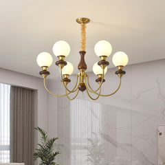 Chandelier French Wood Glass Ball 6 Heads Living Room