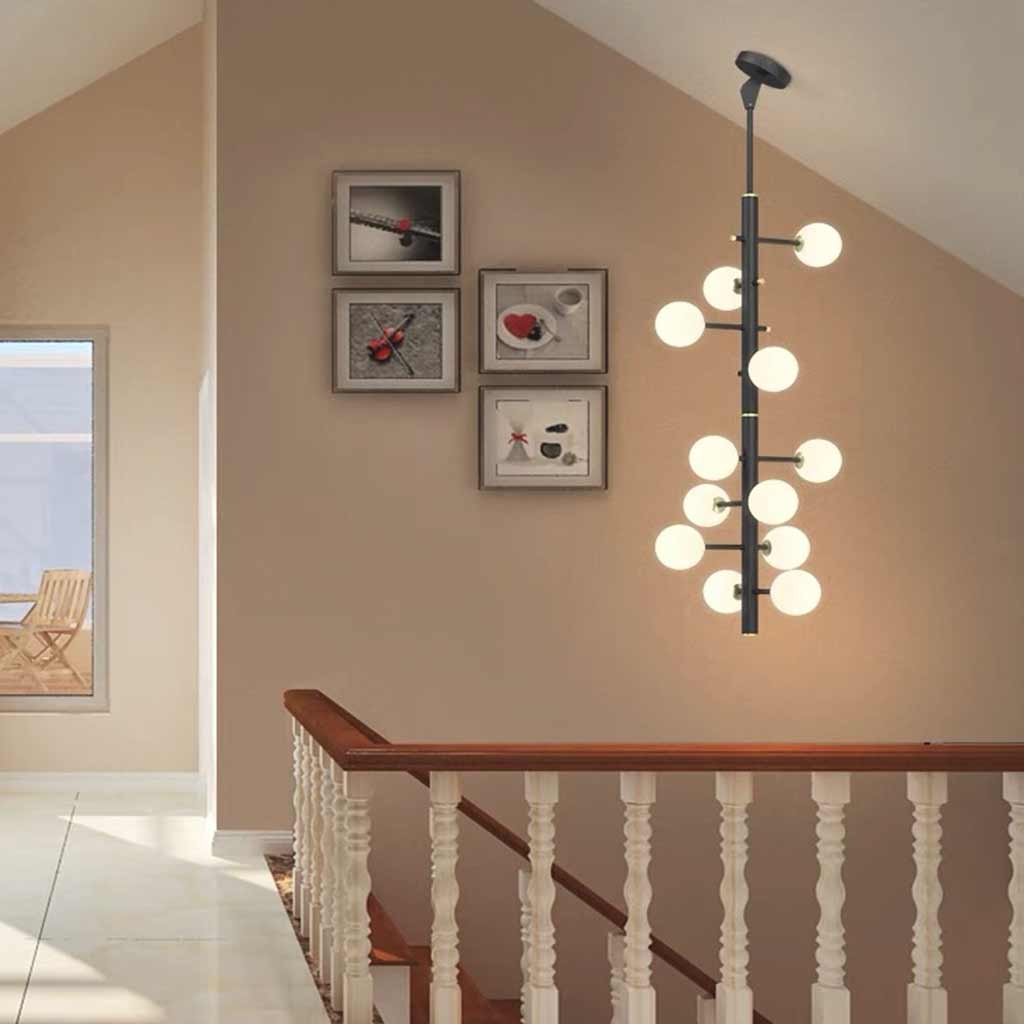 Chandelier Glass Globe High Sloped Ceiling White Black Staircase