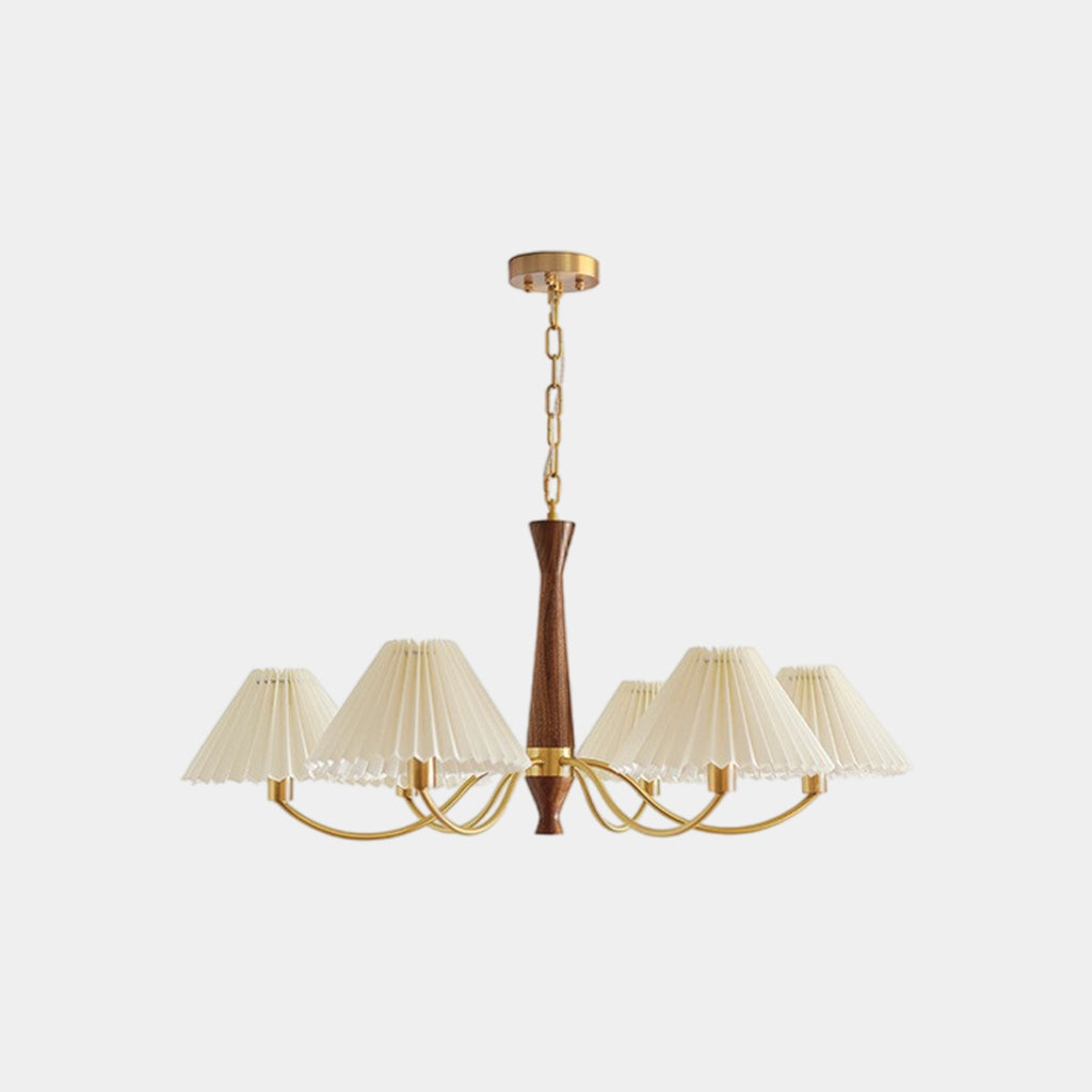 Lustre Japandi Laiton Noyer Tissu Abat-Jour Plissé 6 Lumières