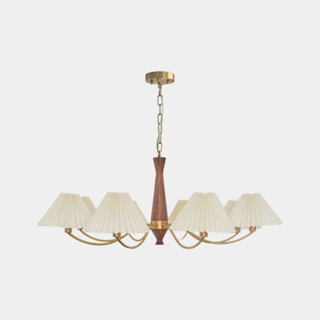 Lustre Japandi Laiton Noyer Tissu Abat-Jour Plissé 8 Lumières
