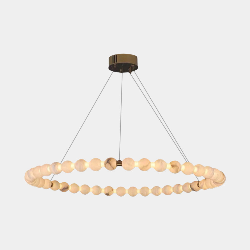 Lámpara de araña moderna de mármol con múltiples anillos y cuentas en forma de globo LED