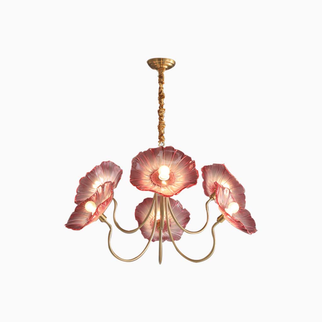 Chandelier Retro Glass Lotus Flower Purple 5 Lights