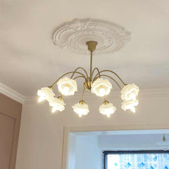 Chandelier Vintage Glass Rose Flower Iron Branch Gold Living Room