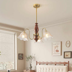 Chandelier Vintage Walnut Wood Amber Glass Flower Bedroom