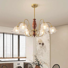 Chandelier Vintage Walnut Wood Amber Glass Flower Dining Room