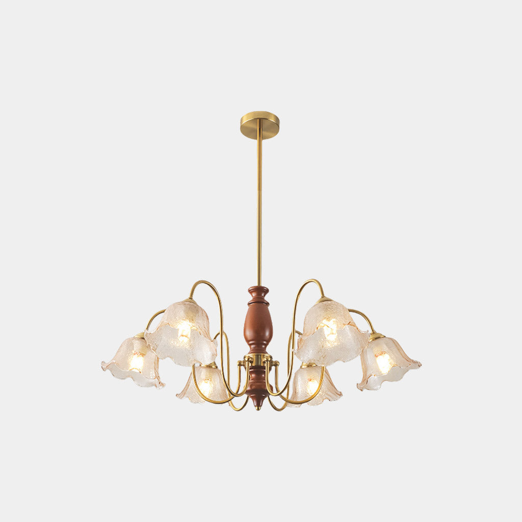 Chandelier Vintage Walnut Wood Amber Glass Flower Lily
