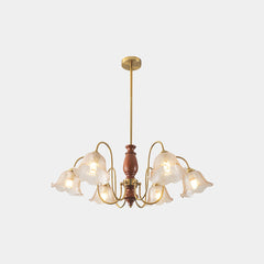 Chandelier Vintage Walnut Wood Amber Glass Flower Lily