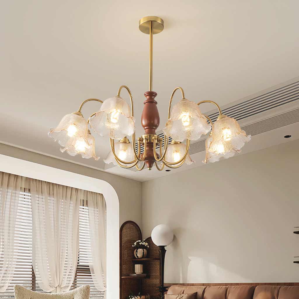 Chandelier Vintage Walnut Wood Amber Glass Flower Living Room