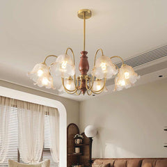 Chandelier Vintage Walnut Wood Amber Glass Flower Living Room