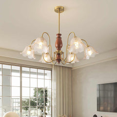 Chandelier Vintage Walnut Wood Amber Glass Flower Room