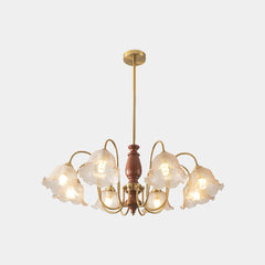 Chandelier Vintage Walnut Wood Amber Glass Flower