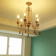 Chandelier Vintage Wood Iron Bead Candle with Tassel Corner