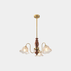 Chandelier Walnut Wood Amber Glass Flower